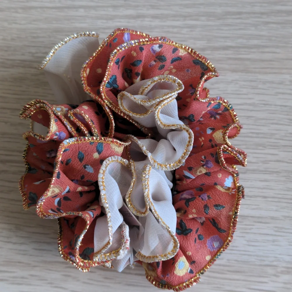 Coral orange with tan and gold edges hair scrunchie